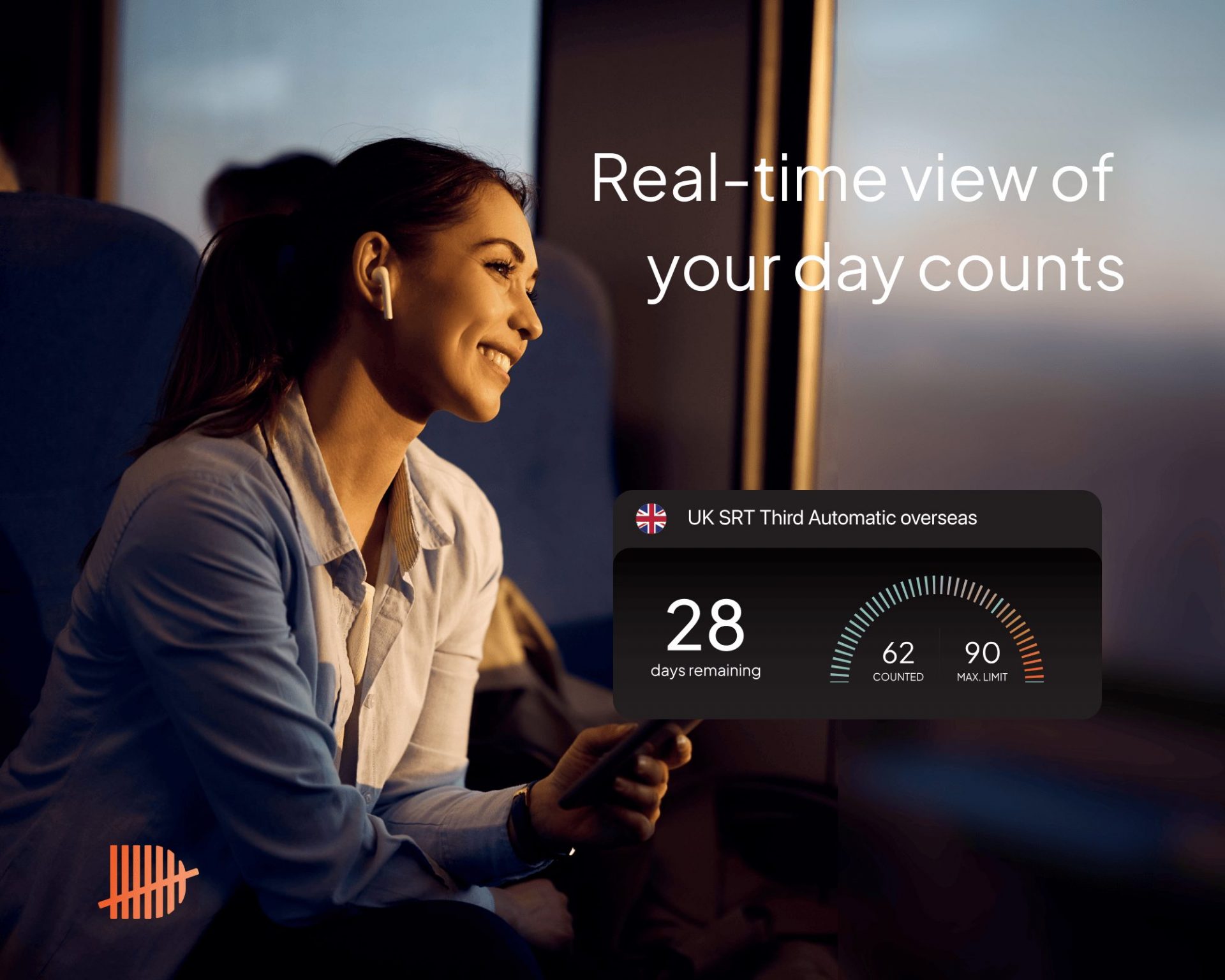 An image of a woman smiling and looking out the window, with the text saying 'Real time view of your day counts' and an image of the Daysium Rule Card.