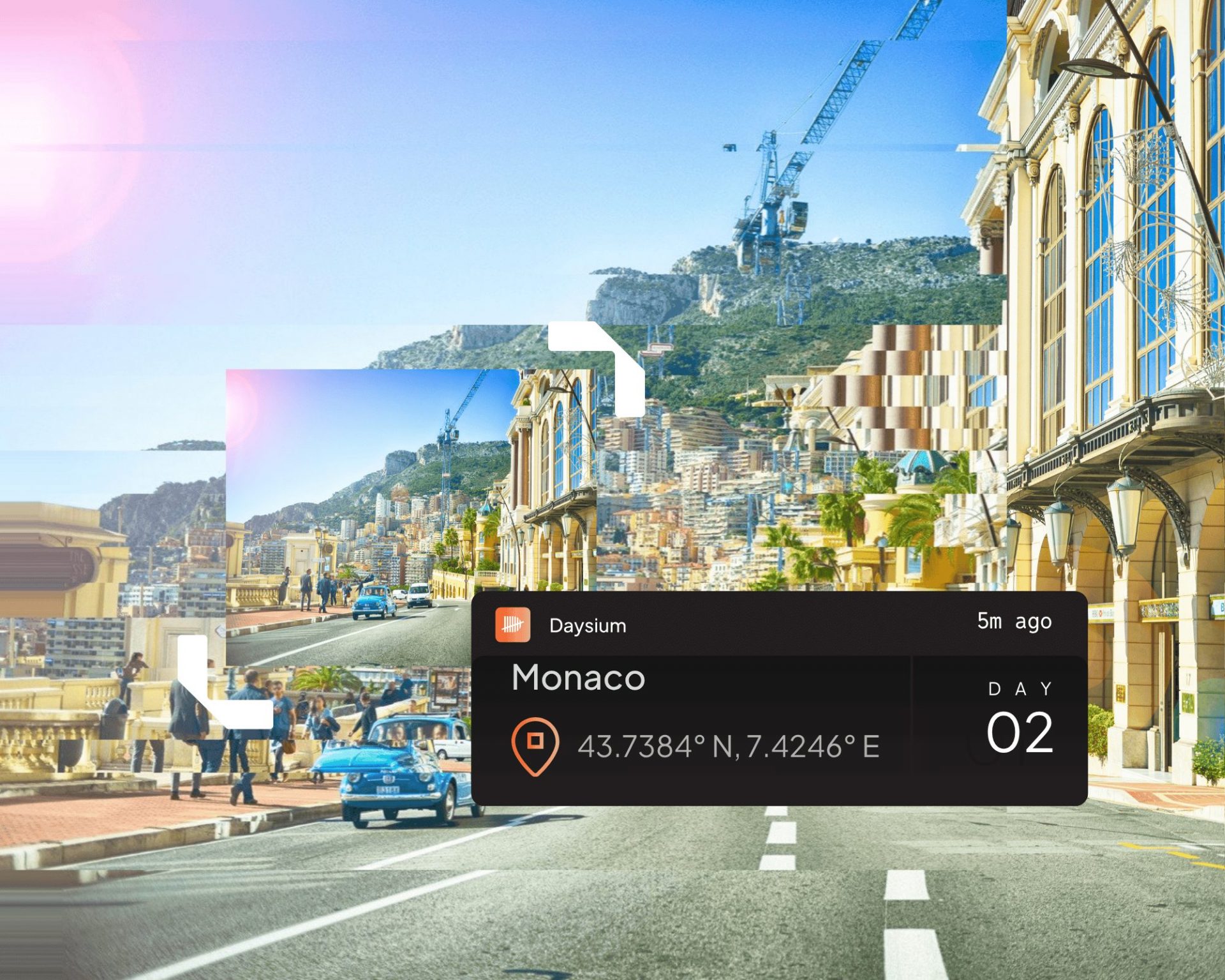 A car driving in Monaco, with Daysium's day counting technology represented with a tax residency card.