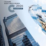 A slightly distorted imaged of London skyline with Daysium's Citywealth Magic Circle Awards runner-up logo in the left corner.